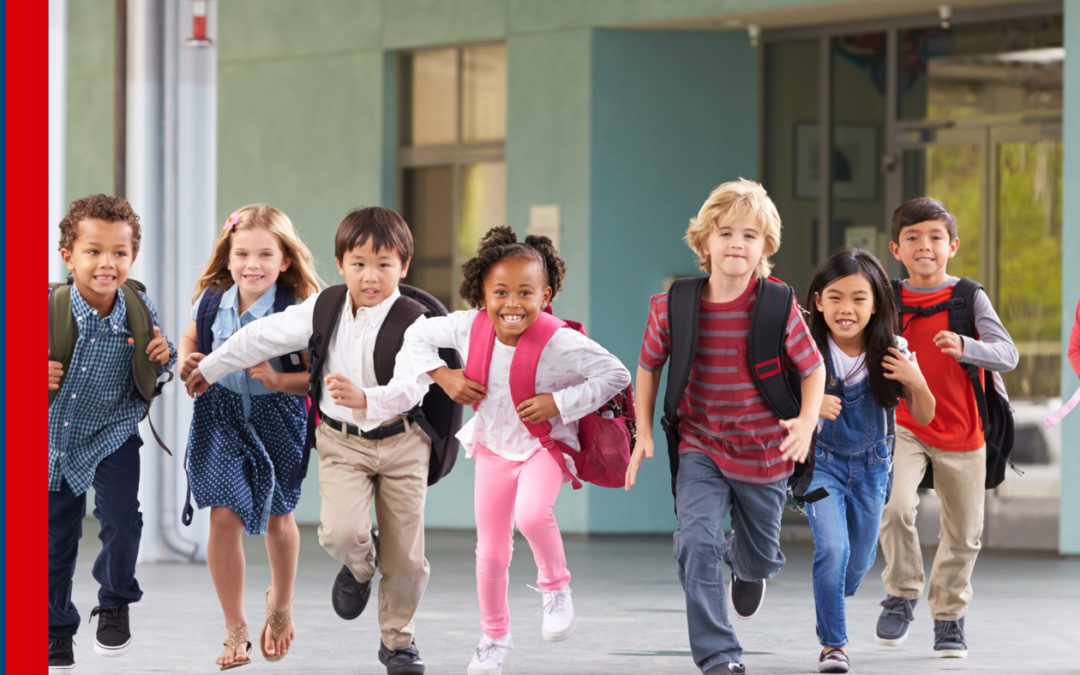children with backpacks running toward camera, blog header